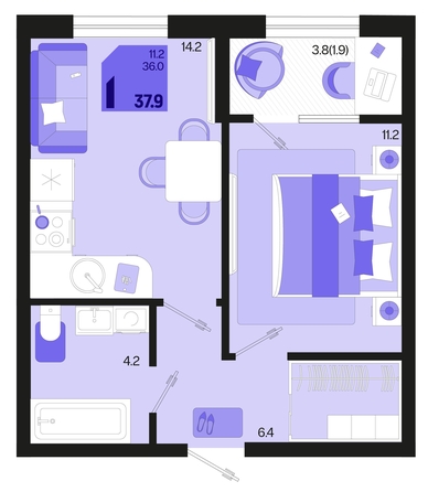 
   Продам 1-комнатную, 37.9 м², Первое место, квартал 1.6, литер 1

. Фото 6.