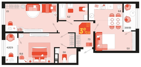 
   Продам 3-комнатную, 72.6 м², Первое место, квартал 1.6, литер 1

. Фото 6.