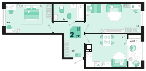 
   Продам 2-комнатную, 63.1 м², Первое место, квартал 1.10 литер 1

. Фото 6.