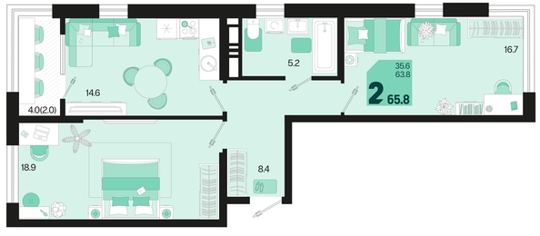 
   Продам 2-комнатную, 65.8 м², Первое место, квартал 1.10 литер 1

. Фото 11.