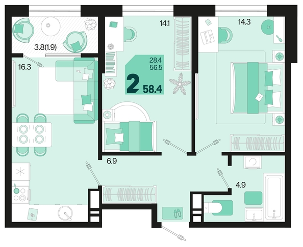 
   Продам 2-комнатную, 58.4 м², Первое место, квартал 1.1, литер 2

. Фото 6.