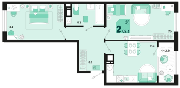 
   Продам 2-комнатную, 62.3 м², Первое место, квартал 1.1, литер 2

. Фото 11.