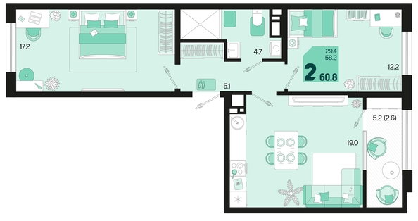 
   Продам 2-комнатную, 60.8 м², Первое место, квартал 1.1, литер 2

. Фото 11.