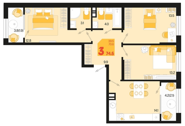 
   Продам 3-комнатную, 74.6 м², Первое место, квартал 1.3, литер 1

. Фото 6.