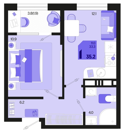 
   Продам 1-комнатную, 35.2 м², Первое место, квартал 1.3, литер 2

. Фото 6.