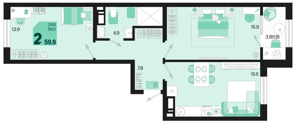 
   Продам 2-комнатную, 59.9 м², Первое место, квартал 1.2, литер 1

. Фото 6.