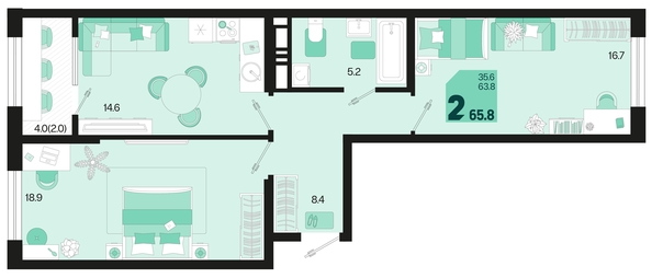 
   Продам 2-комнатную, 65.8 м², Первое место, квартал 1.2, литер 1

. Фото 6.