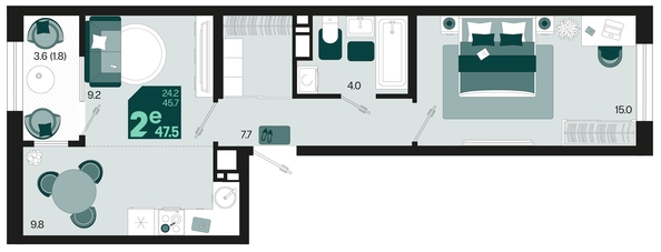 
   Продам 2-комнатную, 47.5 м², Первое место, квартал 1.4, литер 2

. Фото 6.