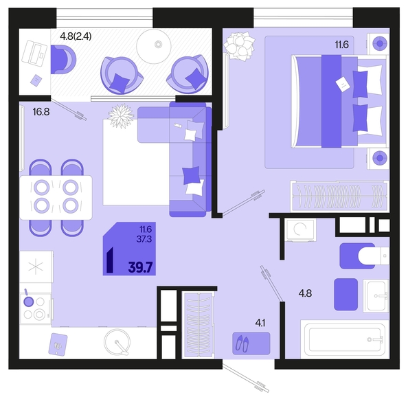 
   Продам 1-комнатную, 39.7 м², Первое место, квартал 1.6, литер 1

. Фото 6.