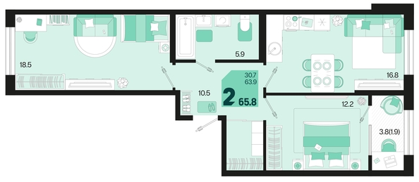 
   Продам 2-комнатную, 65.8 м², Первое место, квартал 1.10 литер 1

. Фото 6.