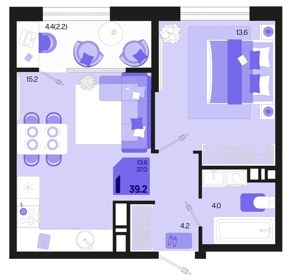 
   Продам 1-комнатную, 39.2 м², Первое место, квартал 1.3, литер 1

. Фото 6.