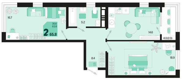 
   Продам 2-комнатную, 65.8 м², Первое место, квартал 1.2, литер 2

. Фото 6.