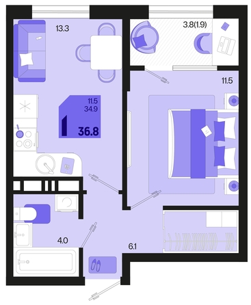 
   Продам 1-комнатную, 36.8 м², Первое место, квартал 1.1, литер 2

. Фото 6.