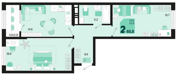 
   Продам 2-комнатную, 65.8 м², Первое место, квартал 1.10 литер 1

. Фото 6.