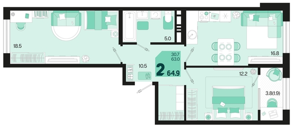 
   Продам 2-комнатную, 64.9 м², Первое место, квартал 1.10 литер 1

. Фото 6.