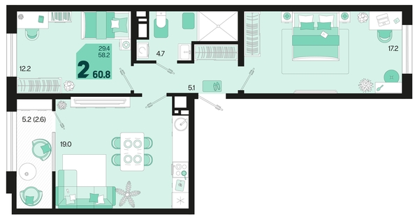 
   Продам 2-комнатную, 60.8 м², Первое место, квартал 1.10 литер 1

. Фото 6.