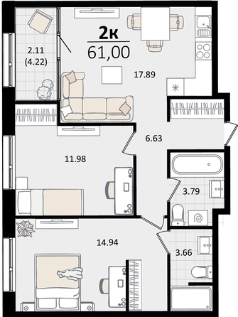 
   Продам 2-комнатную, 61 м², Патрики, литер 2

. Фото 4.