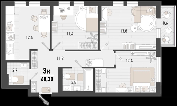 
   Продам 3-комнатную, 68.3 м², Барса, 4В литер

. Фото 6.