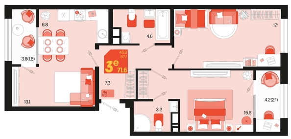 
   Продам 3-комнатную, 71.6 м², Первое место, квартал 1.1, литер 2

. Фото 6.