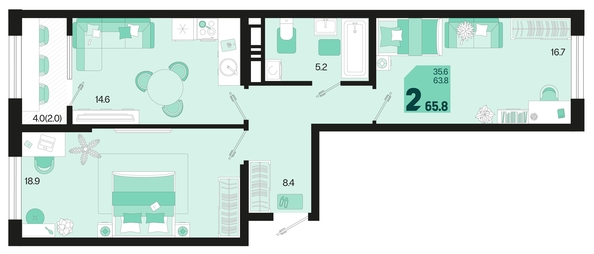 
   Продам 2-комнатную, 65.8 м², Первое место, квартал 1.2, литер 2

. Фото 6.