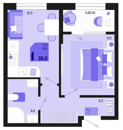 
   Продам 1-комнатную, 36 м², Первое место, квартал 1.5, литер 1

. Фото 6.