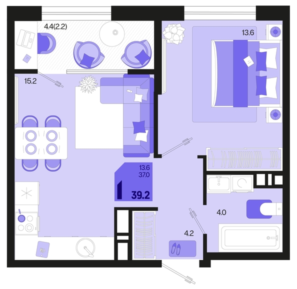 
   Продам 1-комнатную, 39.2 м², Первое место, квартал 1.5, литер 1

. Фото 6.