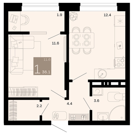 
   Продам 1-комнатную, 36.1 м², Хозяин морей, литер 1

. Фото 6.