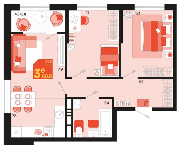 
   Продам 3-комнатную, 60.8 м², Первое место, квартал 1.1, литер 2

. Фото 6.