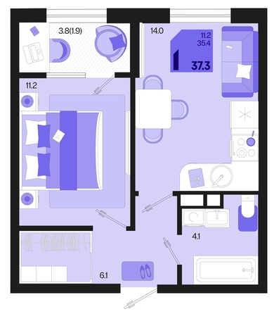 
   Продам 1-комнатную, 37.3 м², Первое место, квартал 1.6, литер 1

. Фото 6.