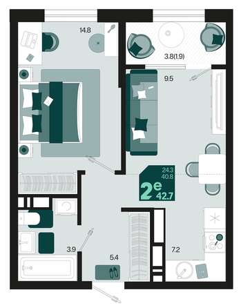 
   Продам 2-комнатную, 42.7 м², Первое место, квартал 1.6, литер 2

. Фото 6.