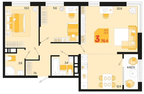 
   Продам 3-комнатную, 76.4 м², Первое место, квартал 1.2, литер 1

. Фото 6.