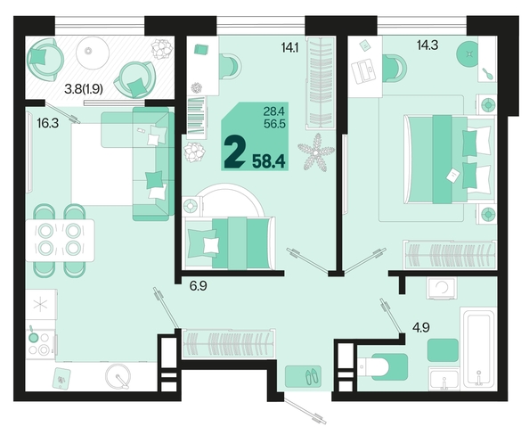 
   Продам 2-комнатную, 58.4 м², Первое место, квартал 1.3, литер 1

. Фото 6.