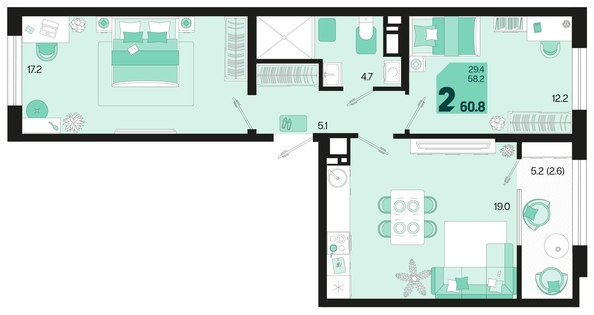 
   Продам 2-комнатную, 60.8 м², Первое место, квартал 1.4, литер 2

. Фото 12.