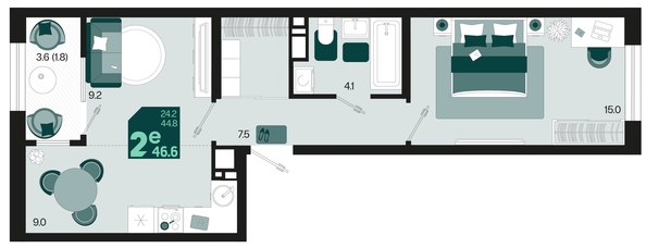 
   Продам 2-комнатную, 46.6 м², Первое место, квартал 1.10 литер 1

. Фото 6.