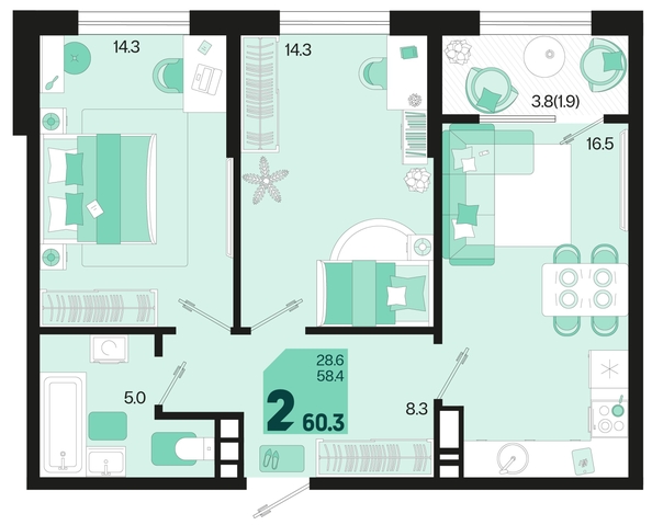 
   Продам 2-комнатную, 60.3 м², Первое место, квартал 1.4, литер 2

. Фото 6.