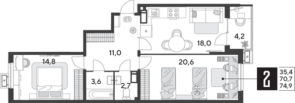 
  Продается 2-комн. квартира, 74.9 м², ЖК Парк Победы 2, литера 28
. Фото 1.