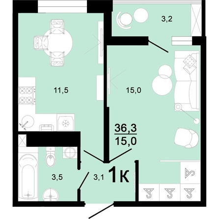 
  Продается 1-комн. квартира, 36.3 м², ЖК Горячий, литера 1
. Фото 1.