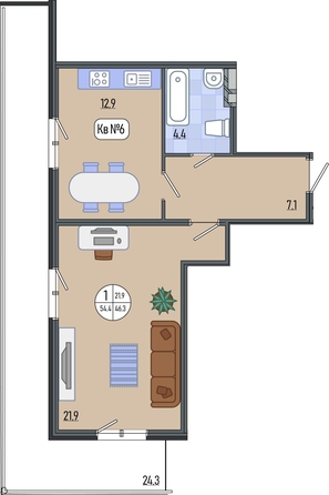 
  Продается 1-комн. квартира, 53.59 м², Калинина ул, д. 150 к20
. Фото 2.