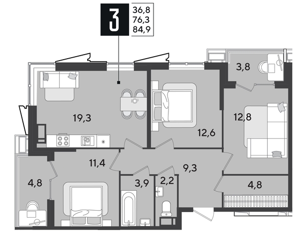 
  Продается 3-комн. квартира, 84.9 м², ЖК Парк Победы 2, литера 28
. Фото 1.
