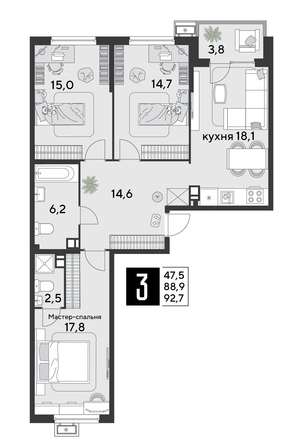 
  Продается 3-комн. квартира, 92.7 м², ЖК Парк Победы 2, литера 20
. Фото 1.