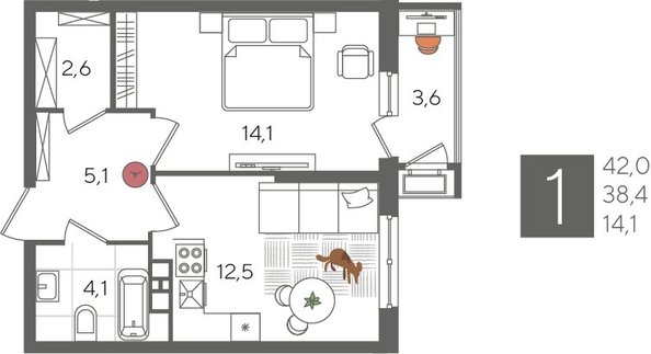 
  Продается 1-комн. квартира, 42 м², ЖК Рекорд 2, литера 5
. Фото 1.