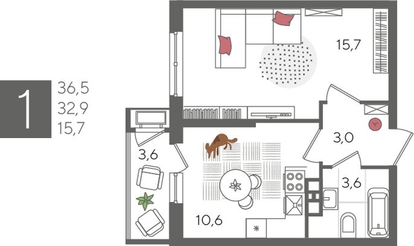 
  Продается 1-комн. квартира, 36.5 м², ЖК Рекорд 2, литера 3
. Фото 1.