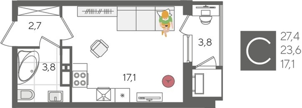 
  Продается студия, 27.4 м², ЖК Рекорд 2, литера 3
. Фото 1.