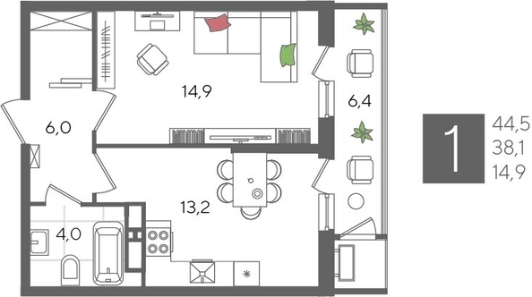 
  Продается 1-комн. квартира, 44.5 м², ЖК Рекорд 2, литера 3
. Фото 1.