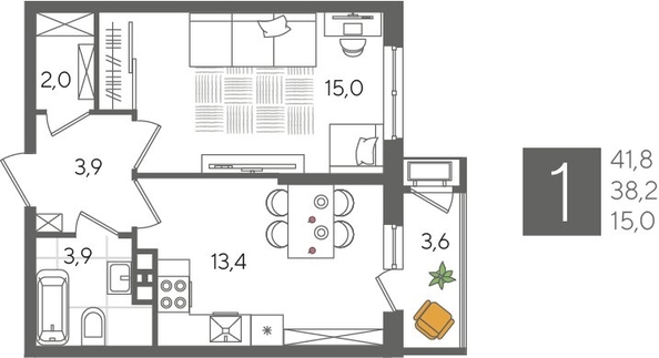 
  Продается 1-комн. квартира, 41.8 м², ЖК Рекорд 2, литера 4
. Фото 1.