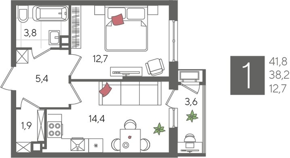 
  Продается 1-комн. квартира, 41.8 м², ЖК Рекорд 2, литера 4
. Фото 1.