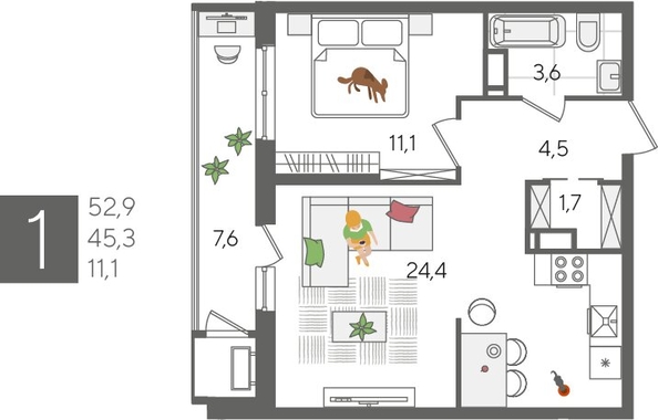 
  Продается 1-комн. квартира, 52.9 м², ЖК Рекорд 2, литера 4
. Фото 1.