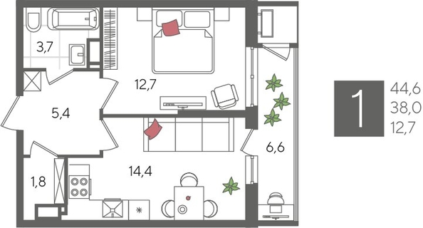 
  Продается 1-комн. квартира, 44.6 м², ЖК Рекорд 2, литера 4
. Фото 1.