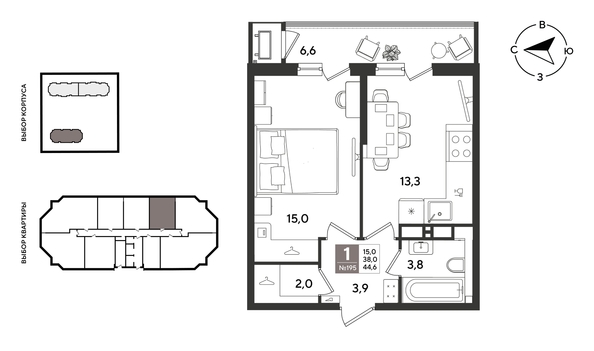 
  Продается 1-комн. квартира 43.8 м², в ЖК Рекорд 2, литера 4. Фото 1.