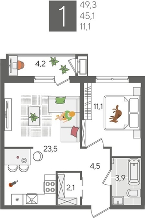 
  Продается 1-комн. квартира, 49.3 м², ЖК Рекорд 2, литера 5
. Фото 1.